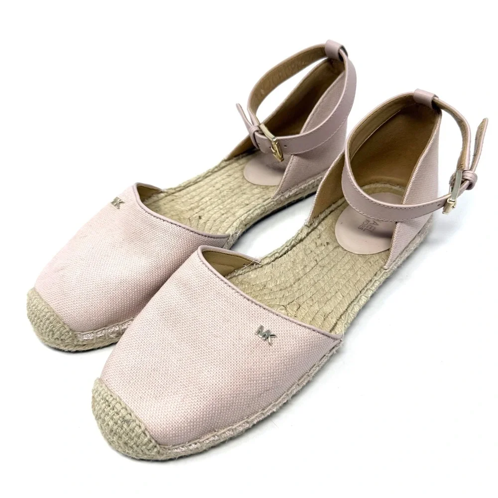 Michael Kors Womens Blush Pink Canvas Ankle Strap Espadrille Flats MK Logo 7M